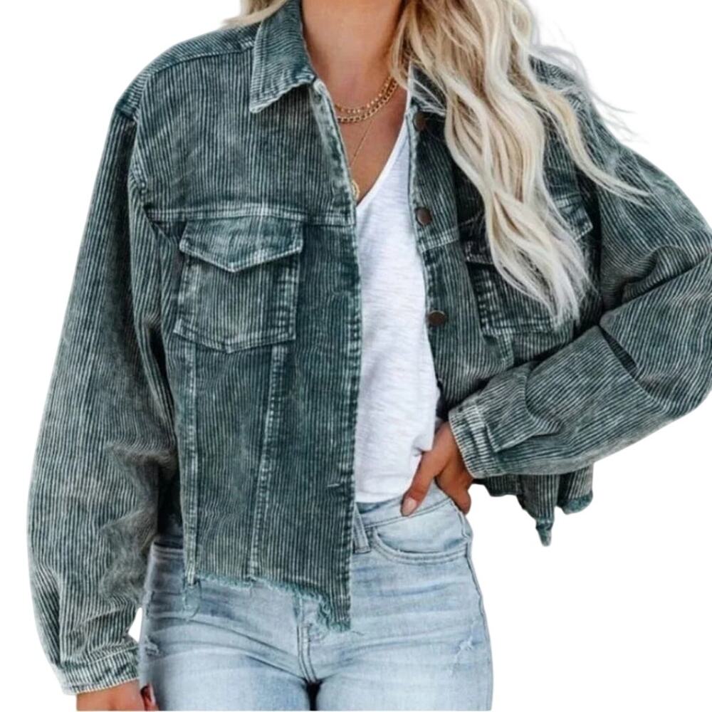 POL Corduroy Button Jacket Womens Large Green Acid Washed Wide Wale Oversized